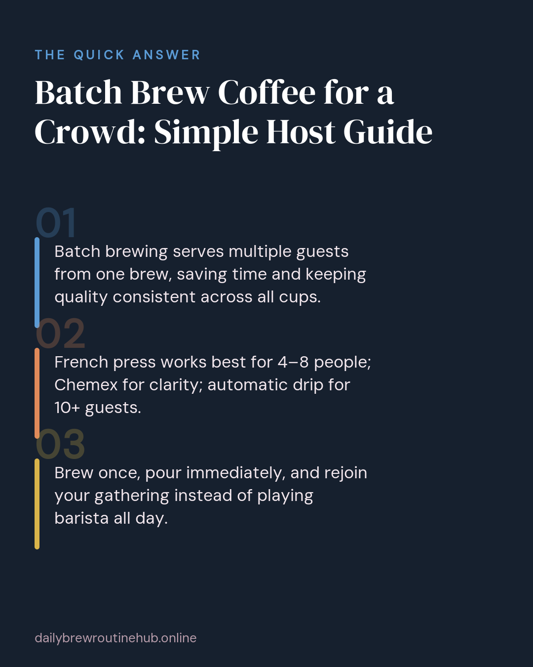 Quick summary of Batch Brew Coffee for a Crowd: Simple Host Guide: Batch brewing serves multiple guests from one brew, saving time and keeping quality consistent across all cups. French press works best for 4–8 people; Chemex for clarity; automatic drip for 10+ guests. Brew once, pour immediately, and rejoin your gathering instead of playing barista all day.