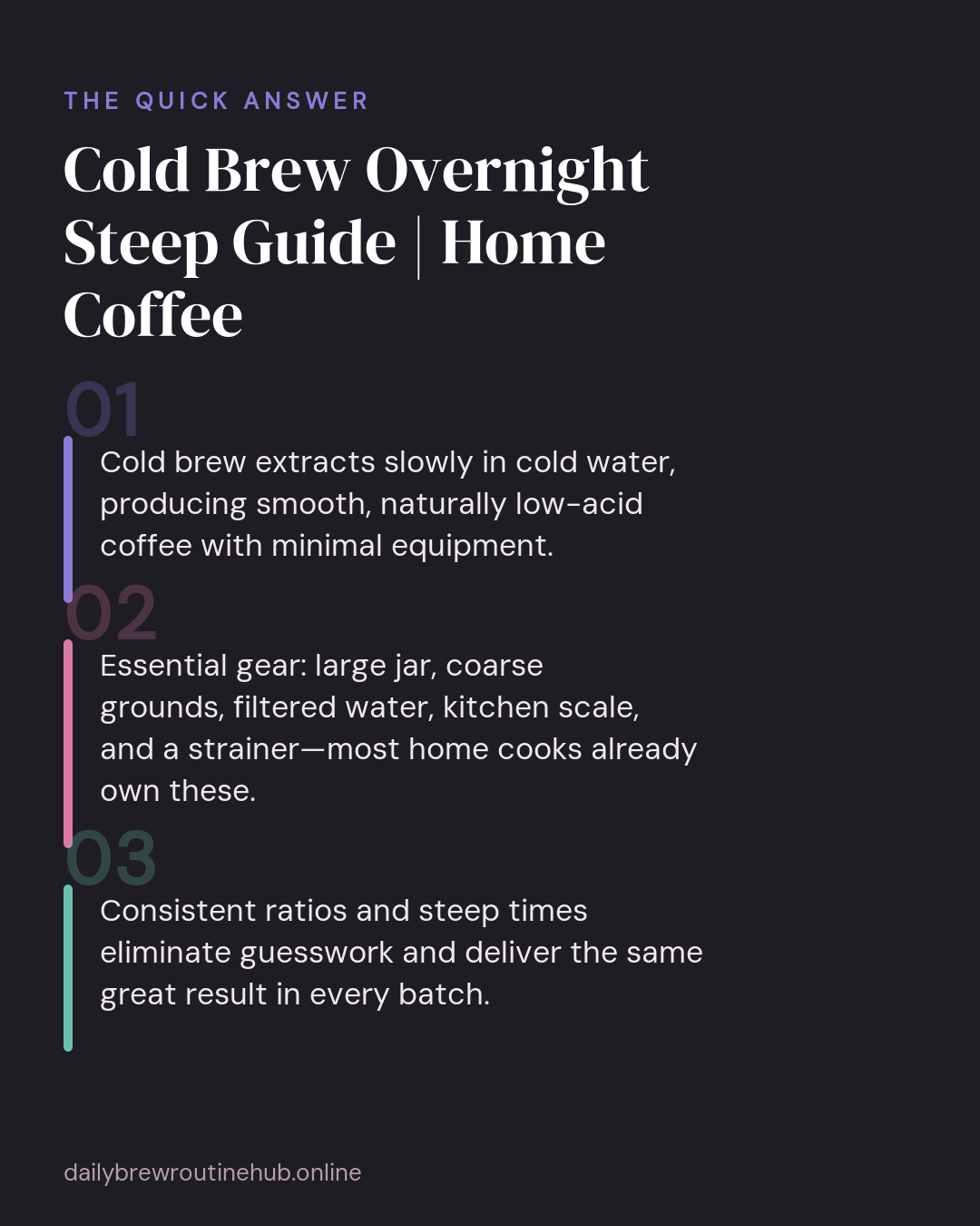 Quick summary of Cold Brew Overnight Steep Guide | Home Coffee: Cold brew extracts slowly in cold water, producing smooth, naturally low-acid coffee with minimal equipment. Essential gear: large jar, coarse grounds, filtered water, kitchen scale, and a strainer—most home cooks already own these. Consistent ratios and steep times eliminate guesswork and deliver the same great result in every batch.