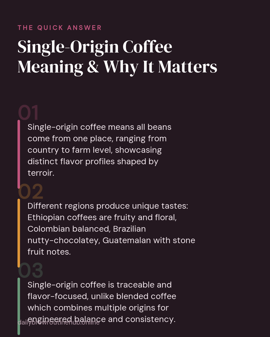 Quick summary of Single-Origin Coffee Meaning & Why It Matters: Single-origin coffee means all beans come from one place, ranging from country to farm level, showcasing distinct flavor profiles shaped by terroir. Different regions produce unique tastes: Ethiopian coffees are fruity and floral, Colombian balanced, Brazilian nutty-chocolatey, Guatemalan with stone fruit notes. Single-origin coffee is traceable and flavor-focused, unlike blended coffee which combines multiple origins for engineered balance and consistency.