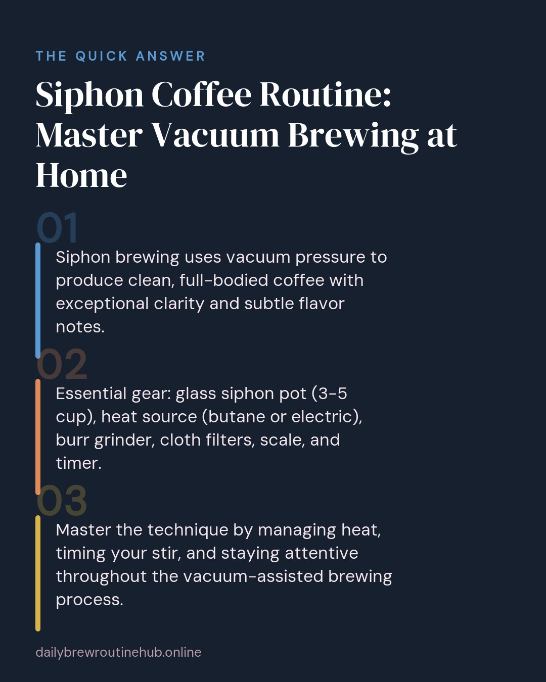 Quick summary of Siphon Coffee Routine: Master Vacuum Brewing at Home: Siphon brewing uses vacuum pressure to produce clean, full-bodied coffee with exceptional clarity and subtle flavor notes. Essential gear: glass siphon pot (3-5 cup), heat source (butane or electric), burr grinder, cloth filters, scale, and timer. Master the technique by managing heat, timing your stir, and staying attentive throughout the vacuum-assisted brewing process.