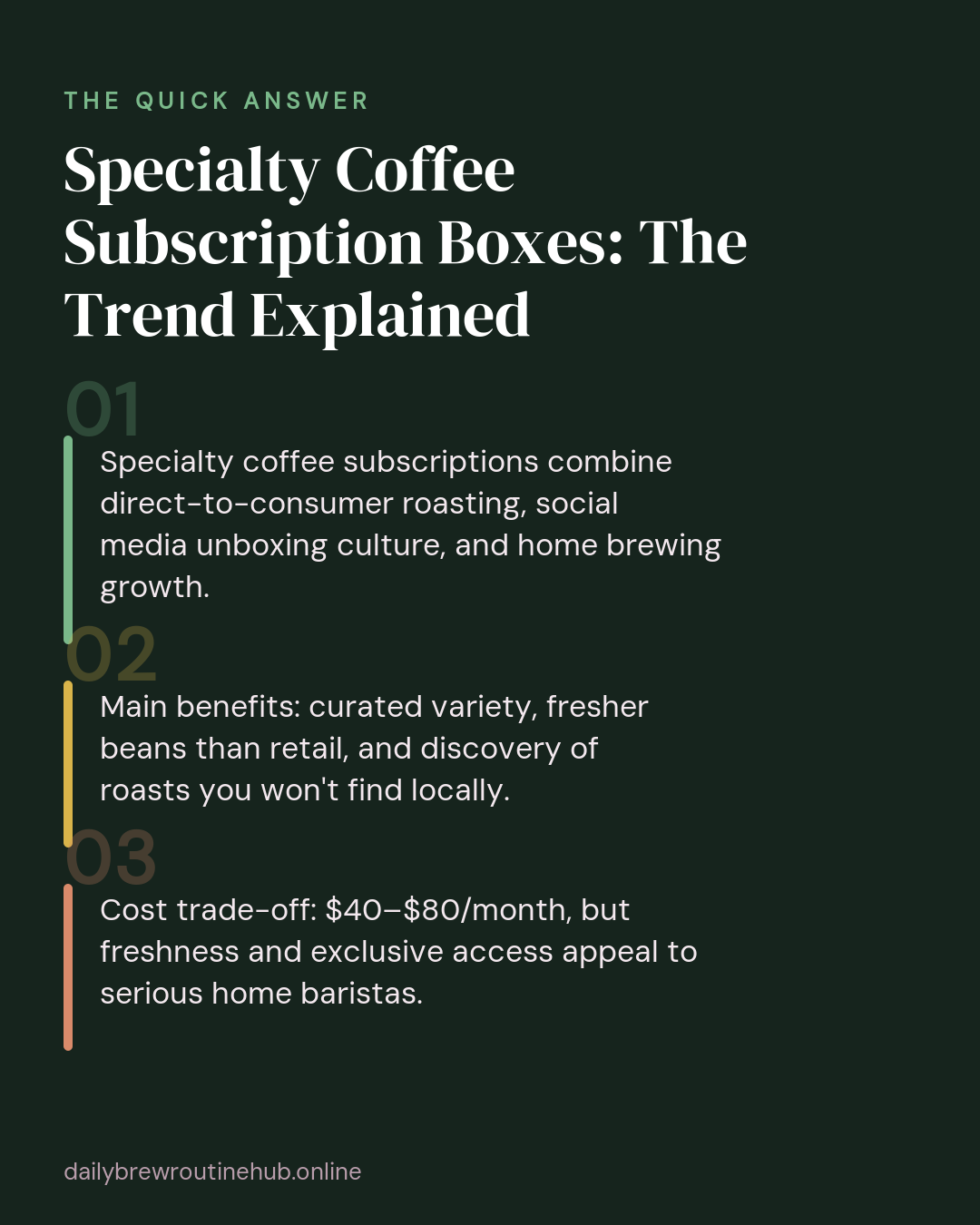 Quick summary of Specialty Coffee Subscription Boxes: The Trend Explained: Specialty coffee subscriptions combine direct-to-consumer roasting, social media unboxing culture, and home brewing growth. Main benefits: curated variety, fresher beans than retail, and discovery of roasts you won't find locally. Cost trade-off: $40–$80/month, but freshness and exclusive access appeal to serious home baristas.