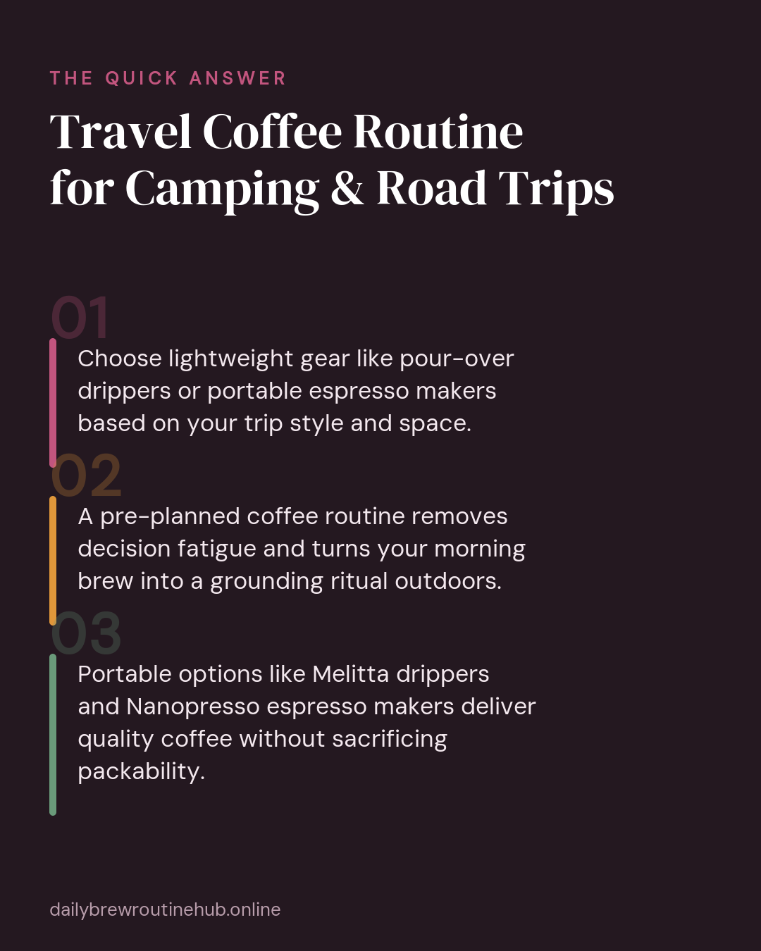 Quick summary of Travel Coffee Routine for Camping & Road Trips: Choose lightweight gear like pour-over drippers or portable espresso makers based on your trip style and space. A pre-planned coffee routine removes decision fatigue and turns your morning brew into a grounding ritual outdoors. Portable options like Melitta drippers and Nanopresso espresso makers deliver quality coffee without sacrificing packability.