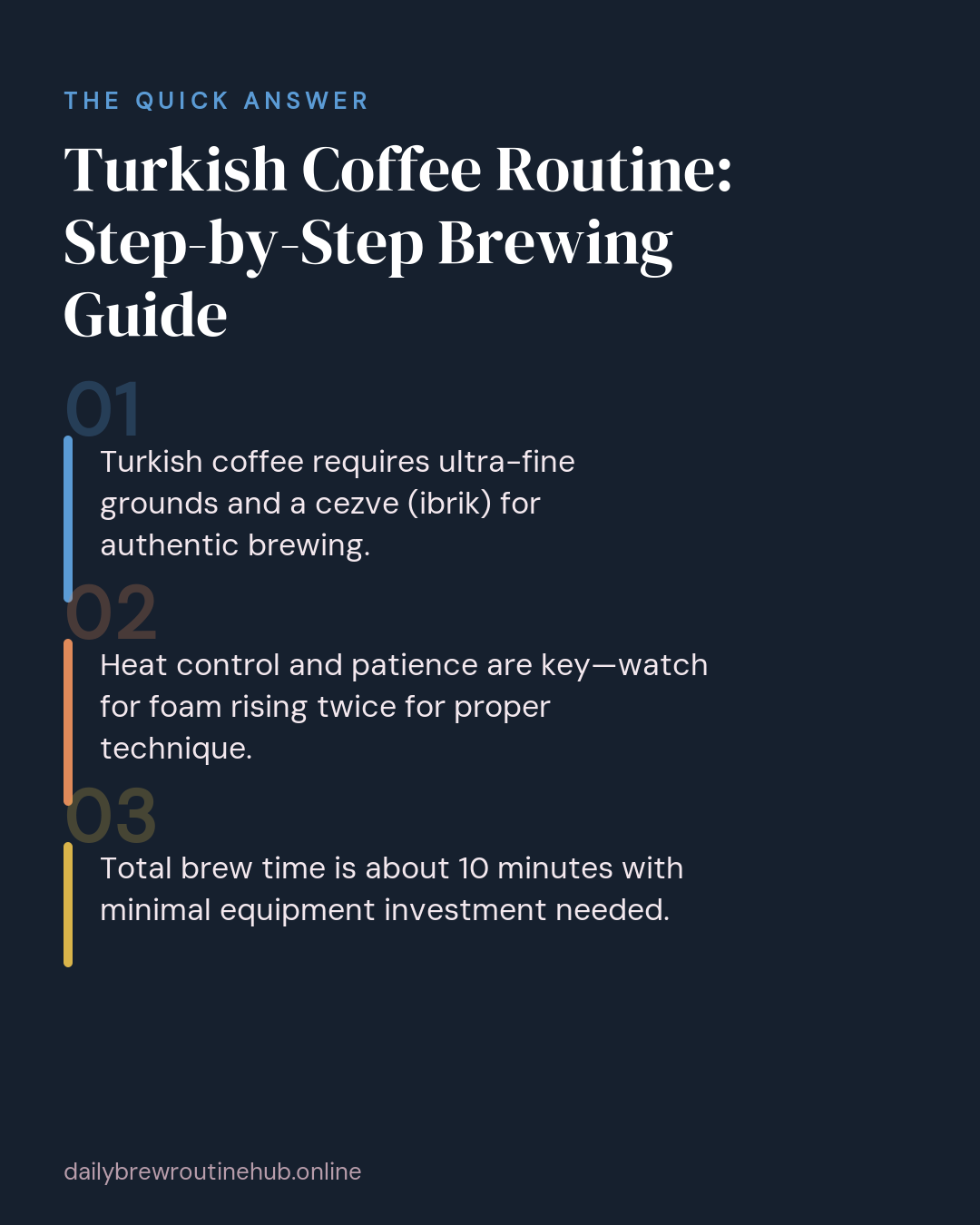 Quick summary of Turkish Coffee Routine: Step-by-Step Brewing Guide: Turkish coffee requires ultra-fine grounds and a cezve (ibrik) for authentic brewing. Heat control and patience are key—watch for foam rising twice for proper technique. Total brew time is about 10 minutes with minimal equipment investment needed.