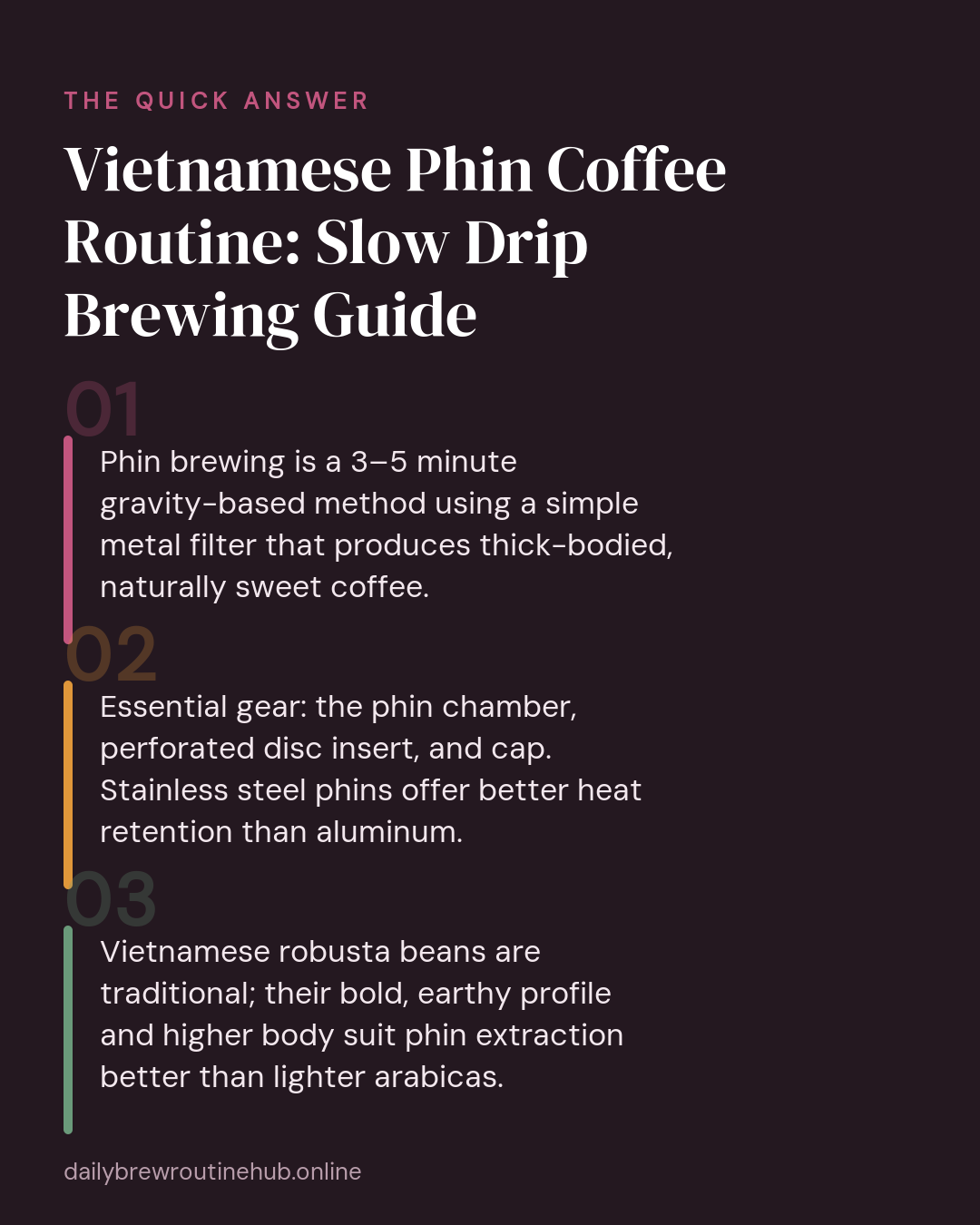 Quick summary of Vietnamese Phin Coffee Routine: Slow Drip Brewing Guide: Phin brewing is a 3–5 minute gravity-based method using a simple metal filter that produces thick-bodied, naturally sweet coffee. Essential gear: the phin chamber, perforated disc insert, and cap. Stainless steel phins offer better heat retention than aluminum. Vietnamese robusta beans are traditional; their bold, earthy profile and higher body suit phin extraction better than lighter arabicas.