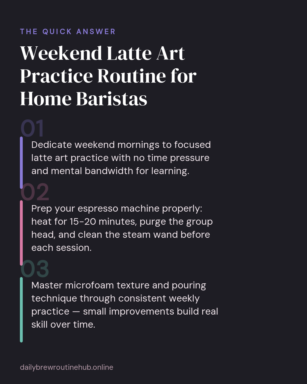 Quick summary of Weekend Latte Art Practice Routine for Home Baristas: Dedicate weekend mornings to focused latte art practice with no time pressure and mental bandwidth for learning. Prep your espresso machine properly: heat for 15-20 minutes, purge the group head, and clean the steam wand before each session. Master microfoam texture and pouring technique through consistent weekly practice — small improvements build real skill over time.