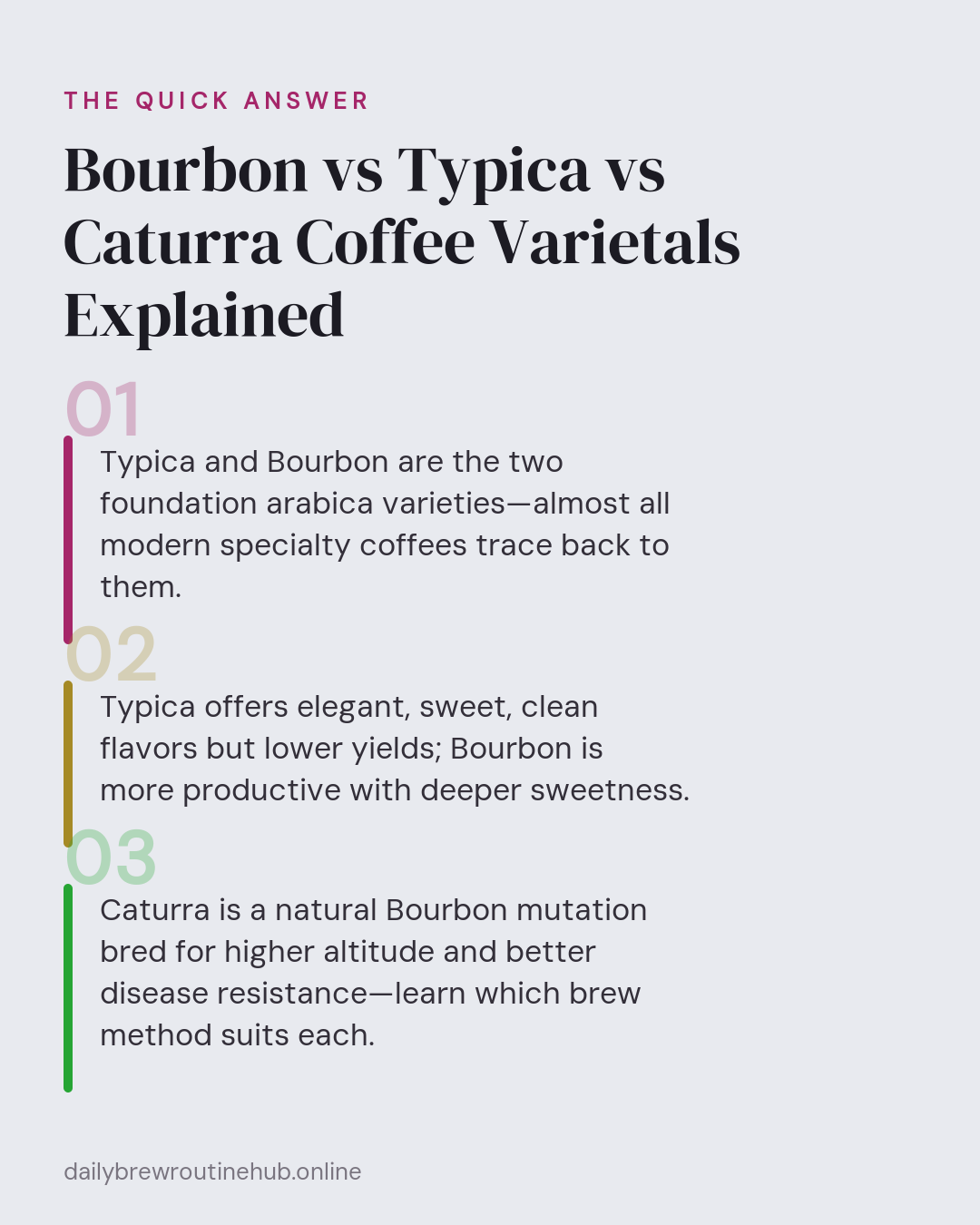 Quick summary of Bourbon vs Typica vs Caturra Coffee Varietals Explained: Typica and Bourbon are the two foundation arabica varieties—almost all modern specialty coffees trace back to them. Typica offers elegant, sweet, clean flavors but lower yields; Bourbon is more productive with deeper sweetness. Caturra is a natural Bourbon mutation bred for higher altitude and better disease resistance—learn which brew method suits each.